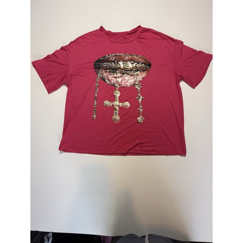 **Y2K Pink Graphic Tee Lips Grillz Cross Streetwear Hip Hop Women's Size M**